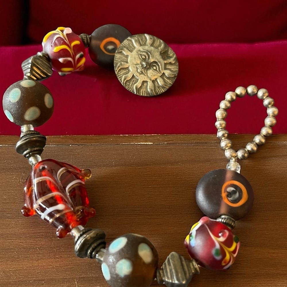 Vintage Danforth Pewter Beaded Bracelet with Sun Charm